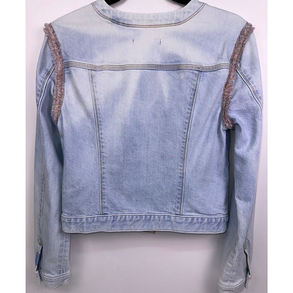 7 For All Mankind Light Wash Denim Jacket Pink Fringe Trim Button Front Size S - Picture 4 of 12